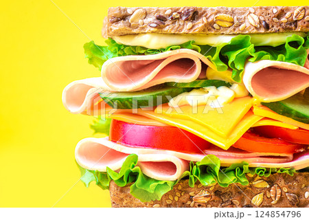Layered sandwich with ham, cheese and vegetables extremely close up Layered sandwich with ham, cheese and vegetables extremely close up 124854796