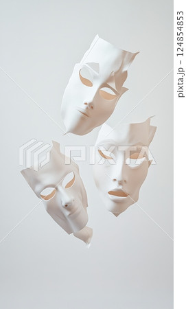 Three white masks are levitating against a white background, creating a surreal and artistic composition exploring themes of identity, disguise, and multiple personalities 124854853