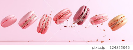 Seven colorful macarons are levitating on a pink background, with crumbs falling around them, creating a visually appealing and delicious scene Seven colorful macarons are levitating on a pink background, with crumbs falling around them, creating a visually appealing and delicious scene 124855046