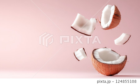 Coconut pieces floating on a pastel pink background creating a tropical and refreshing summer vibe, ideal for advertising campaigns or beauty products 124855108