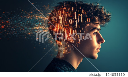 Binary code and numbers exploding from the head of a young man experiencing information overload, suggesting concepts of stress, burnout, and mental health challenges in the digital age 124855110