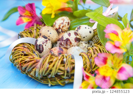 Happy Easter. Congratulatory easter background. Easter eggs and flowers. Happy Easter. Congratulatory easter background. Easter eggs and flowers. 124855123