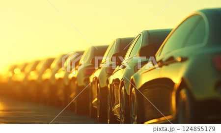 Rows of shiny new vehicles are neatly parked at a car dealership, bathed in the warm glow of the setting sun, creating a visually appealing scene of automotive abundance and consumer choice Rows of shiny new vehicles are neatly parked at a car dealership, bathed in the warm glow of the setting sun, creating a visually appealing scene of automotive abundance and consumer choice 124855179