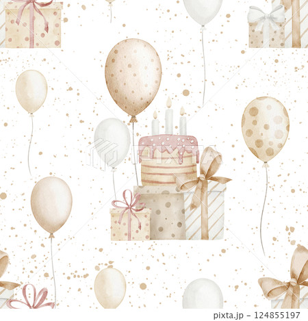 Watercolor seamless Pattern with Gift boxes, Birthday cake and Balloons in soft pastel beige tones. Illustration of party background for wrapping paper or holiday decoration, Background for banner. 124855197