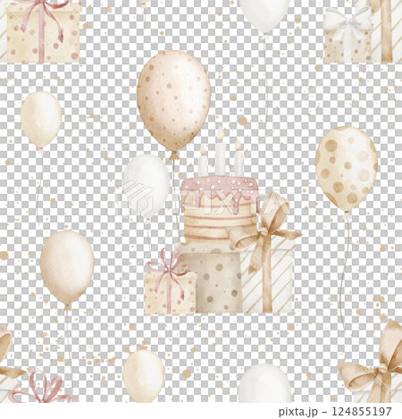 Watercolor seamless Pattern with Gift boxes, Birthday cake and Balloons in soft pastel beige tones. Illustration of party background for wrapping paper or holiday decoration, Background for banner. 124855197