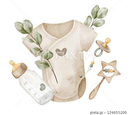 Watercolor illustration of baby bodysuit with pacifier, bottle, rattle, and leaves in soft patel neutral colors. drawing of childish onesie for baby shower invitations or newborn party greeting cards. 124855200