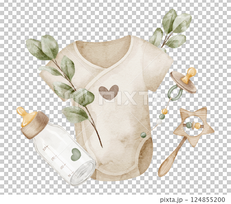 Watercolor illustration of baby bodysuit with pacifier, bottle, rattle, and leaves in soft patel neutral colors. drawing of childish onesie for baby shower invitations or newborn party greeting cards. 124855200