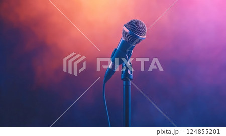 Professional microphone stands ready on stage, bathed in vibrant orange and purple hues, anticipating a performance filled with music and sound Professional microphone stands ready on stage, bathed in vibrant orange and purple hues, anticipating a performance filled with music and sound 124855201