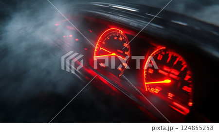 Smoke is coming out from the air vents of a car with illuminated red dashboard in a dark environment, creating a dramatic and mysterious atmosphere 124855258