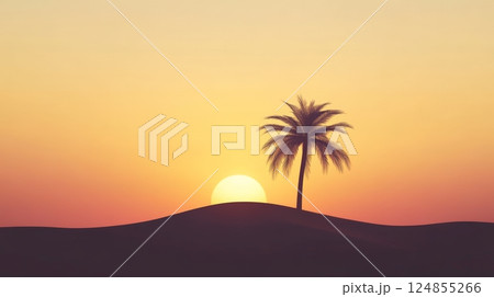 Warm colors dominate the sky as the sun sets behind a small hill in the desert, casting a long shadow from a solitary palm tree, creating a peaceful and serene landscape 124855266