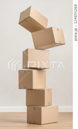 Six cardboard boxes balancing precariously creating a surreal and unstable tower against a minimalist white wall background, symbolizing instability or defying gravity 124855268