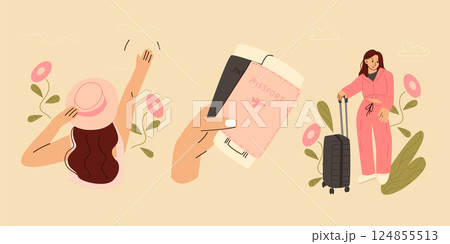 Tourists and travelers characters, people travel, excursion trip. women with backpacks and luggage traveling abroad. Flat vector illustration, set 124855513