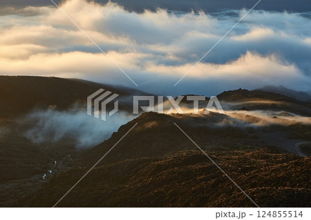 Volcanic mountain landscape, morning clouds twilight in Tongariro National Park 124855514