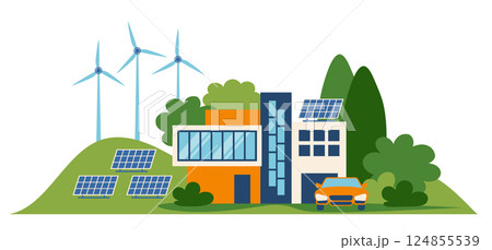 Green energy concept. Suburban house, solar panels and wind turbines 124855539