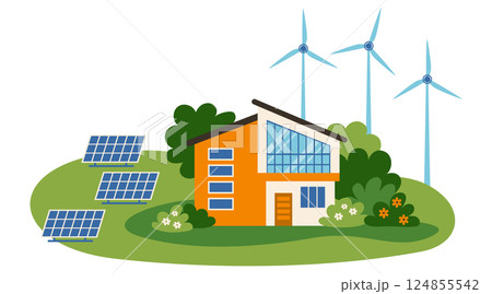 Green energy concept. Suburban house, solar panels and wind turbines Green energy concept. Suburban house, solar panels and wind turbines 124855542
