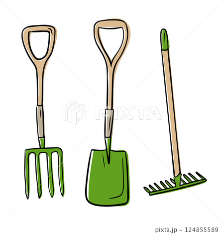 Set of garden tools including pitchfork 124855589