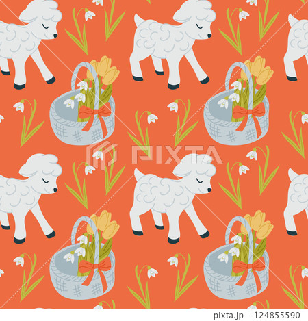 Seamless pattern with cute lambs, flower baskets 124855590