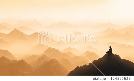 Silhouette of a man practicing yoga and meditating on top of a mountain peak at sunrise, enjoying the breathtaking view of a misty landscape with endless mountain ranges 124855628