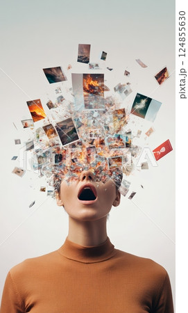Conceptual illustration of a person experiencing mental overload, with a burst of images and thoughts exploding from the head, symbolizing stress, burnout, and information overload 124855630