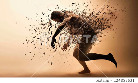 Silhouette of a person dissolving into particles, symbolizing mental overload and stress. Captures themes of burnout, information overload, and cognitive fragmentation 124855631
