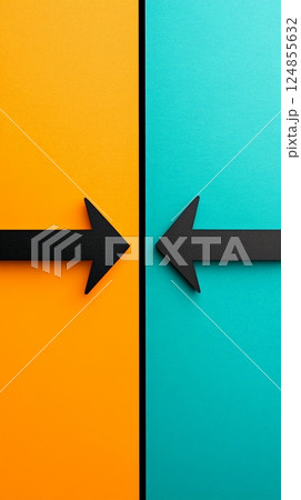 Two black arrows pointing in opposite directions on an orange and teal background represent difficult choices, decision making, and the fear of better options - fobo - 124855632