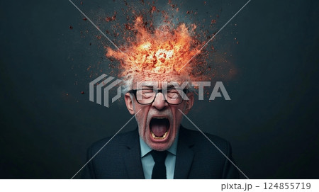 Senior businessman screaming with exploding head from information overload and burnout, experiencing a mental health crisis and suffering from stress and dementia 124855719