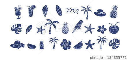 Set of tropical summer icons in hand drawn silhouette style. Minimal vector symbols of beach drinks, palm trees, fruits, flowers, and travel items for vacation print, label, web design, and packaging Set of tropical summer icons in hand drawn silhouette style. Minimal vector symbols of beach drinks, palm trees, fruits, flowers, and travel items for vacation print, label, web design, and packaging 124855771
