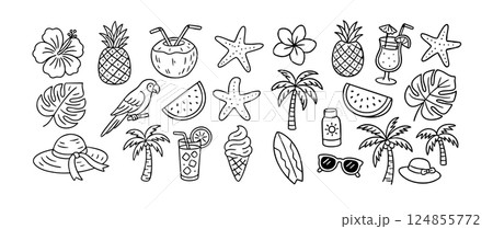 Set of hand drawn tropical summer doodle elements. Minimalist line art icons of palm trees, fruits, cocktails, flowers. Vacation design for print, packaging, invitation, coloring page. Vector flat Set of hand drawn tropical summer doodle elements. Minimalist line art icons of palm trees, fruits, cocktails, flowers. Vacation design for print, packaging, invitation, coloring page. Vector flat 124855772
