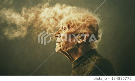 Smoke rising from an elderly woman's head symbolizes the struggles of memory loss, dementia, and various mental health challenges, capturing the essence of cognitive decline and confusion Smoke rising from an elderly woman's head symbolizes the struggles of memory loss, dementia, and various mental health challenges, capturing the essence of cognitive decline and confusion 124855776