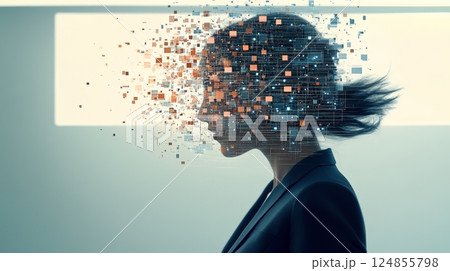 Profile of a businesswoman with exploding head, symbolizing stress, burnout, and information overload, highlighting mental health challenges in demanding work environments 124855798