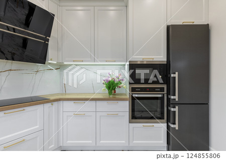 Modern White Kitchen with Built-in Appliances 124855806
