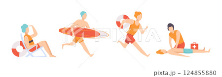 Man Beach Lifeguards Ensuring Safety Vector Set 124855880
