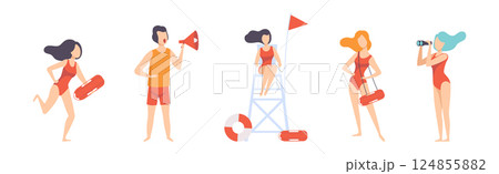 Man and Woman Beach Lifeguards Ensuring Safety Vector Set 124855882
