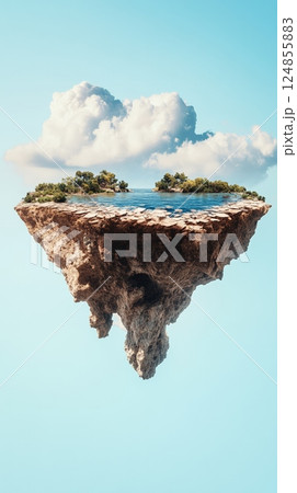 Surreal floating island represents mental overload, stress, and burnout. The isolated landscape illustrates the chaotic state of mind, with elements symbolizing thoughts and information overload 124855883