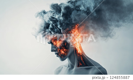 Surreal depiction of a person with an exploding head, symbolizing stress, information overload, and mental burnout. Flames and smoke illustrate intense thoughts and emotional strain 124855887