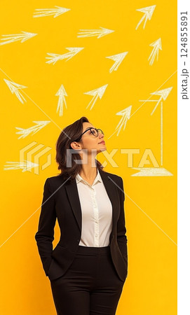Businesswoman contemplating a difficult decision while standing against a yellow background filled with arrows pointing in various directions, symbolizing diverse career opportunities 124855891