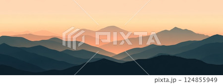 Soft pastel hues paint the sky as the setting sun casts a warm glow over the silhouettes of distant mountains, creating a serene and tranquil landscape Soft pastel hues paint the sky as the setting sun casts a warm glow over the silhouettes of distant mountains, creating a serene and tranquil landscape 124855949