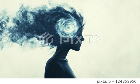 Surreal image of a woman experiencing a mental breakdown, with her head exploding into a swirling vortex of dark smoke, representing stress, anxiety, and the overwhelming nature of thoughts 124855950