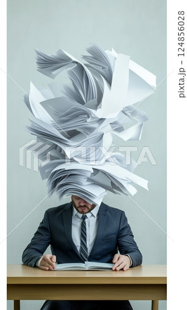 Office worker feeling overwhelmed by an explosion of paperwork while attempting to read a document, grappling with stress, burnout, and the chaos of information overload 124856028