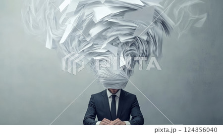 Businessman sitting at desk with whirlwind of...のイラスト素材 [124856040] - PIXTA