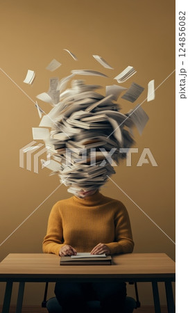University or high school student with exploding head made of flying books and papers, experiencing information overload and burnout while trying to study at a desk 124856082