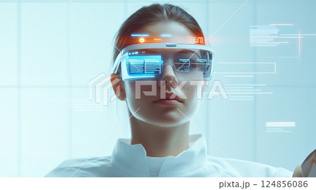 Scientist wearing augmented reality glasses analyzing data and holographic projections in futuristic laboratory, showcasing innovative technology for research and development 124856086