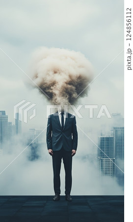 Businessman stands amidst a cityscape with his head exploding into a cloud, symbolizing overwhelming stress, information overload, and burnout in a fast paced urban environment Businessman stands amidst a cityscape with his head exploding into a cloud, symbolizing overwhelming stress, information overload, and burnout in a fast paced urban environment 124856112