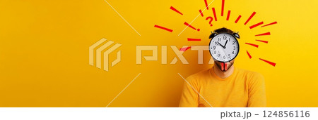 Person with a clock for a head symbolizes overwhelming stress and time pressure. Red lines and question marks illustrate mental overload, burnout, and the chaos of modern life 124856116