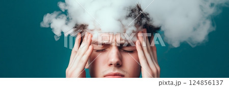 Young man experiencing a strong headache with smoke simulating his thoughts coming out of his head, symbolizing stress, burnout and mental health issues 124856137