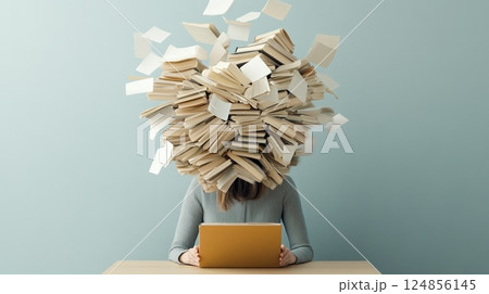 Stressed student with exploding books and papers from head sitting at desk with folder in hands, suffering from information overload, burnout and exam stress 124856145