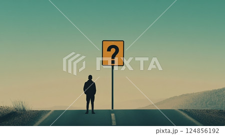 Man is standing on a crossroad at sunset, facing a question mark sign, symbolizing important choices, decisions, and the fear of better options Man is standing on a crossroad at sunset, facing a question mark sign, symbolizing important choices, decisions, and the fear of better options 124856192