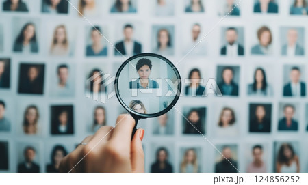 Human resources manager using magnifying glass to choose best candidate for job position, examining many cv photos on wall, making important decision for hiring process 124856252