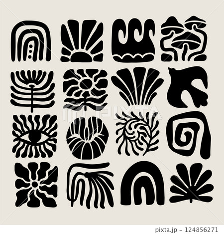 Trendy retro 70s-inspired groovy floral Matisse-style summer elements with leaf shapes, flowers, bird, rainbow, sea and sun , blending modern and organic elements. Vector Trendy retro 70s-inspired groovy floral Matisse-style summer elements with leaf shapes, flowers, bird, rainbow, sea and sun , blending modern and organic elements. Vector 124856271