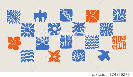 Boho Summer Beach square elements Set. Groovy Geometric Sun, Seashells, Bird, Waves and Flower. Vector Abstract Tropical Icons in Freehand Retro Style for Logo, Print, Poster, Web Design. Vector 124856272